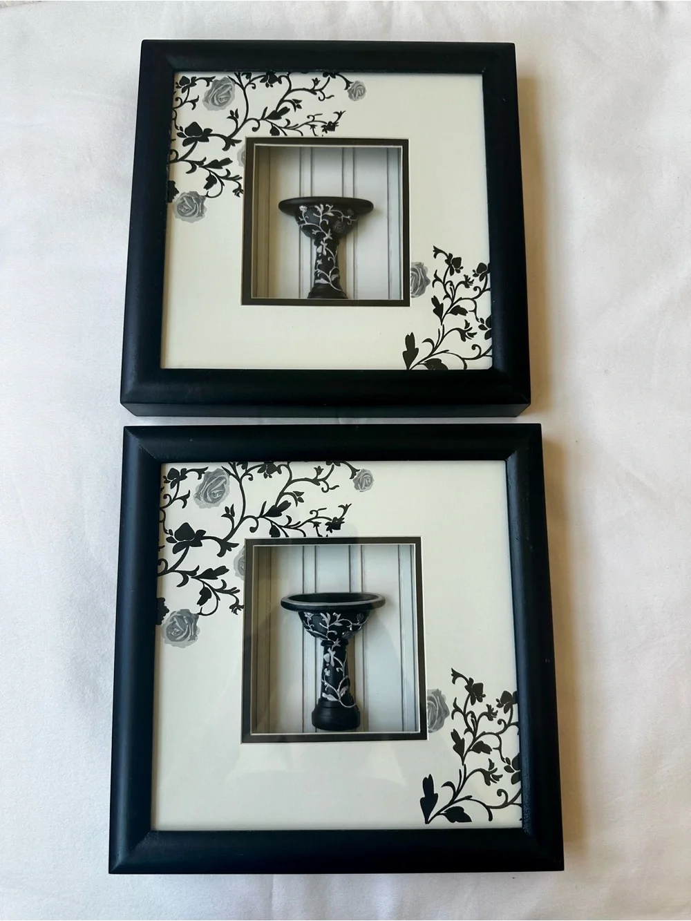 Bathroom Wall Art Black White Floral Pedestal Sink Shadow Box Decor Set of 2